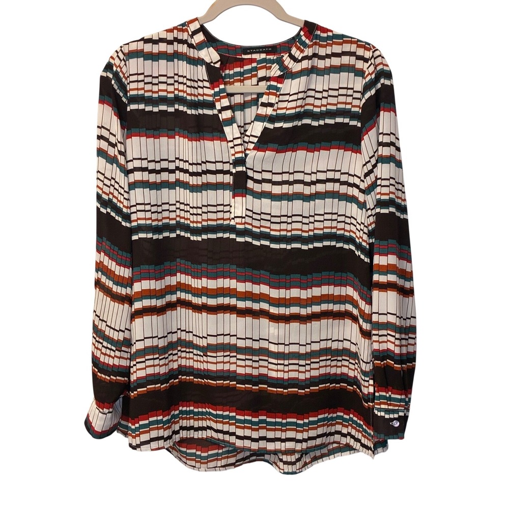 Staccato Women Multi Color Geometric Stripe Pleated V-Neck Long Sleeve Blouse M